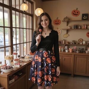 Little Black ✦ Halloween Pumpkin Dress ✦ Ribbon Belt Scalloped Sweetheart M